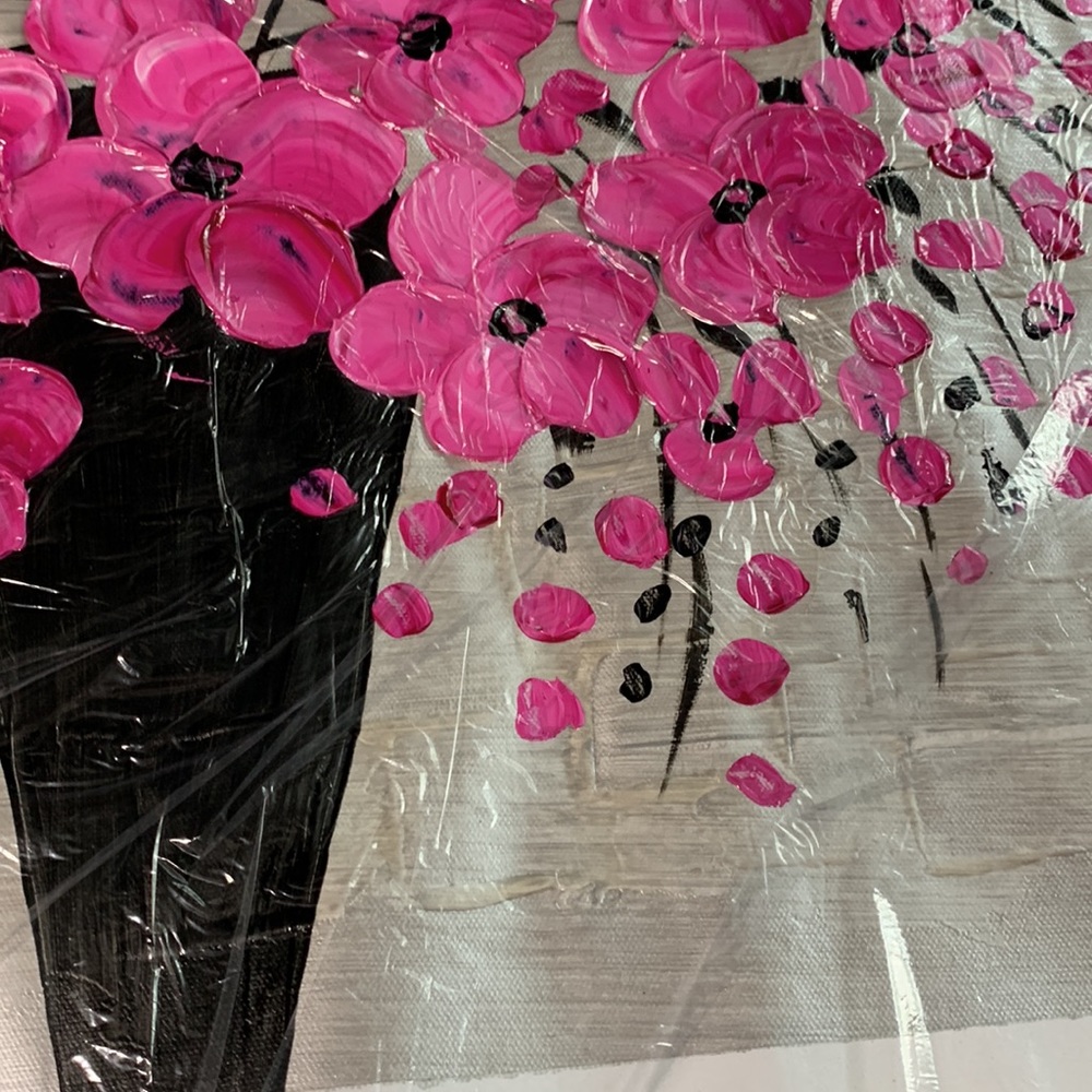 Textured pink floral oil painting. Painting 20.5 x 20.25. Canvas 23.5 x 23.5 - Picture 3 of 4